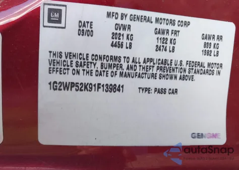 2001 Pontiac Grand Prix Gt z USA, uszkodzony, nr VIN 1G2WP52K91F139841